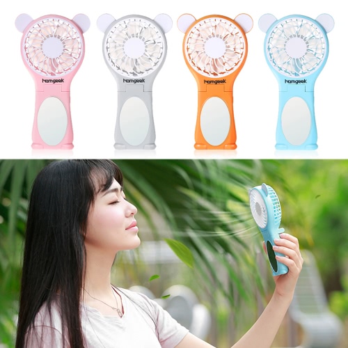 Homgeek Portable Bear Shape Mirror Cute Mini Handheld Table Foldable Fan 2 Speed for Home   Office USB Rechargeable With Mirror Function