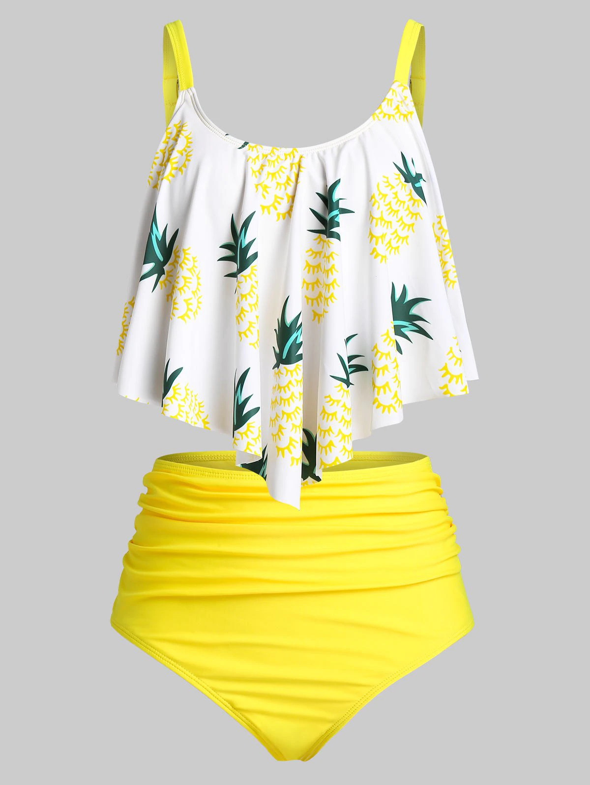 Plus Size Pineapple Ruched Flounce High Waisted Tankini Swimwear