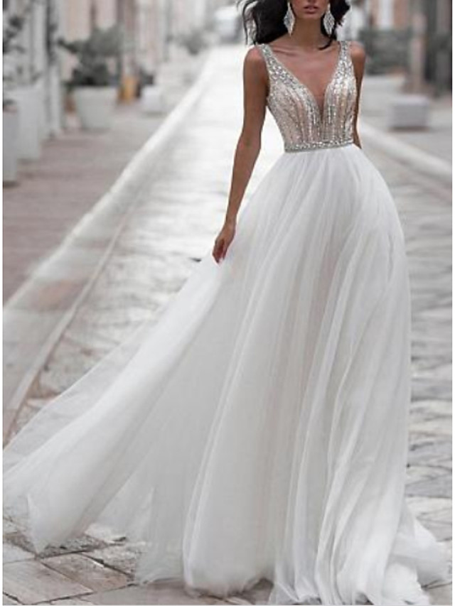 A-Line Dresses V Long Sleeve A Line Wedding Dress