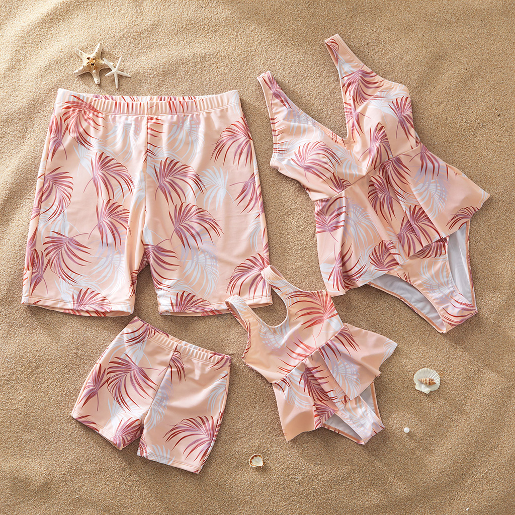 Gradient Pink Leaves Print Family Swimsuits