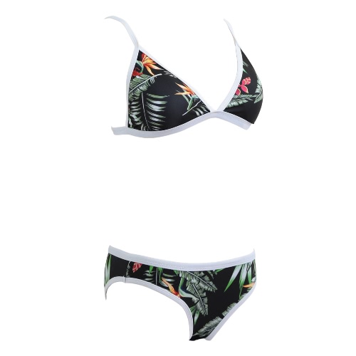 New Women Bikini 2PCS Set Leaf Print White Border Top Hook-and-eye Back Closure Briefs Summer Swimsuit Green