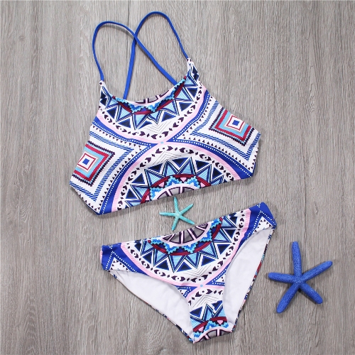 Sexy Women Halter Bikini Set Geometric Print Tie Back Low Waist Thong Biquini Swimwear Swimsuit Blue