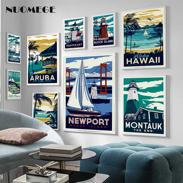 cityscape poster vintage wall art montauk hawaii vintage poster city wall pictures for living room landscape canvas painting