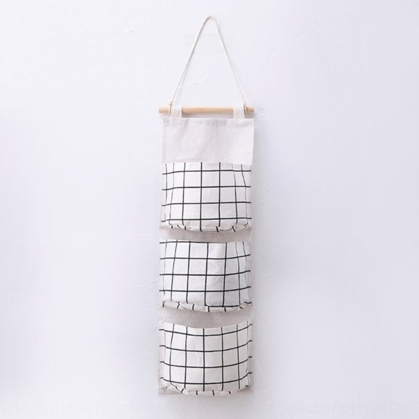 yKpC creative cotton hemp waterproof hanging plaid 3-layer hanging storage bags lattice fabric door storage bag