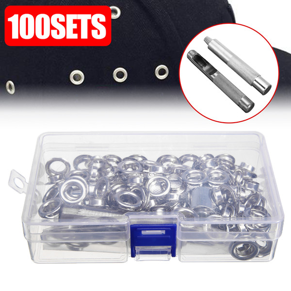 100pcs metal eyelets set 10mm metal grommets rings kit with mounting punch rods for diy leather craft clothing sewing supplies