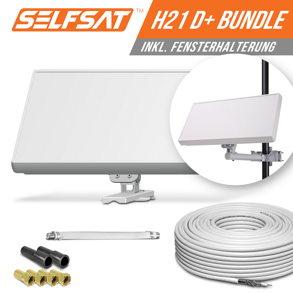 Selfsat H21D2+ 2 TV Teilnehmer SAT Flachantenne FLAT + Fensterdurchführung + Kabel FULL HD 4K