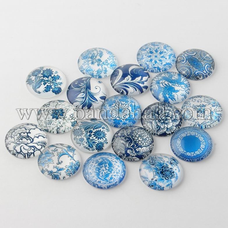 Blue and White Floral Printed Glass Cabochons, Half Round/Dome, SteelBlue, 20x6mm