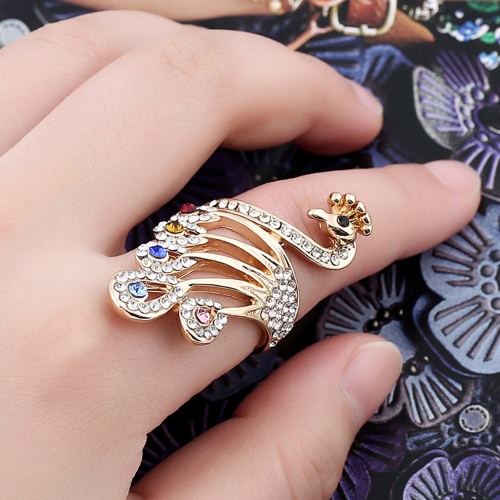 Girl Ring for Women Wedding Band Gold Plated Crystal Rhinestones Peacock Design Metal Zinc Alloy