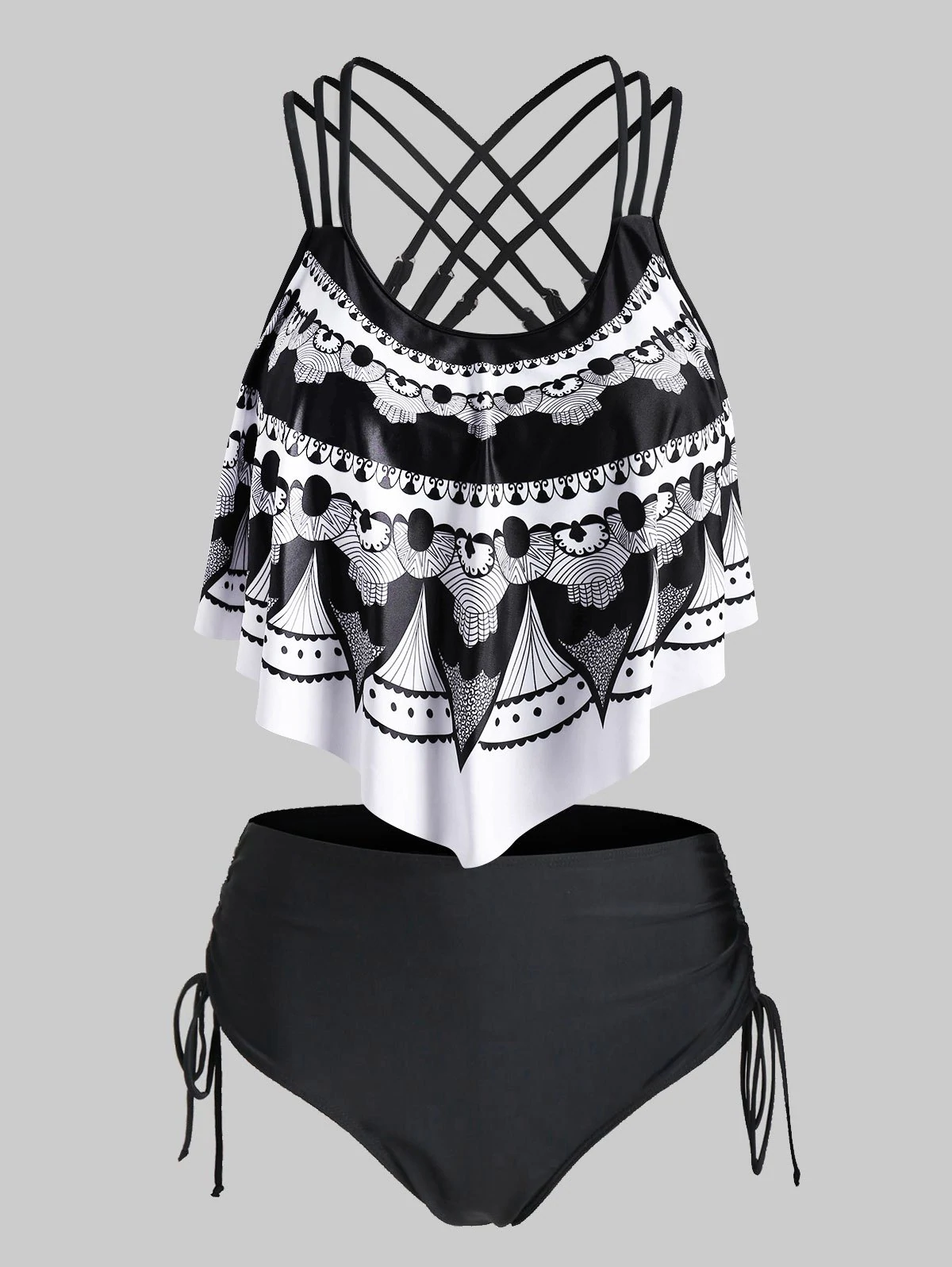 3D Lace Print Strappy Flounce Cinched Tankini Swimwear