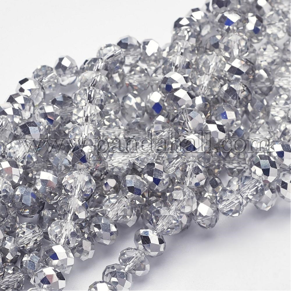Electroplate Glass Faceted Rondelle Beads Strands, Half Plated, Silver, 8x5mm, Hole: 1mm; about 72pcs/strand, 16.5