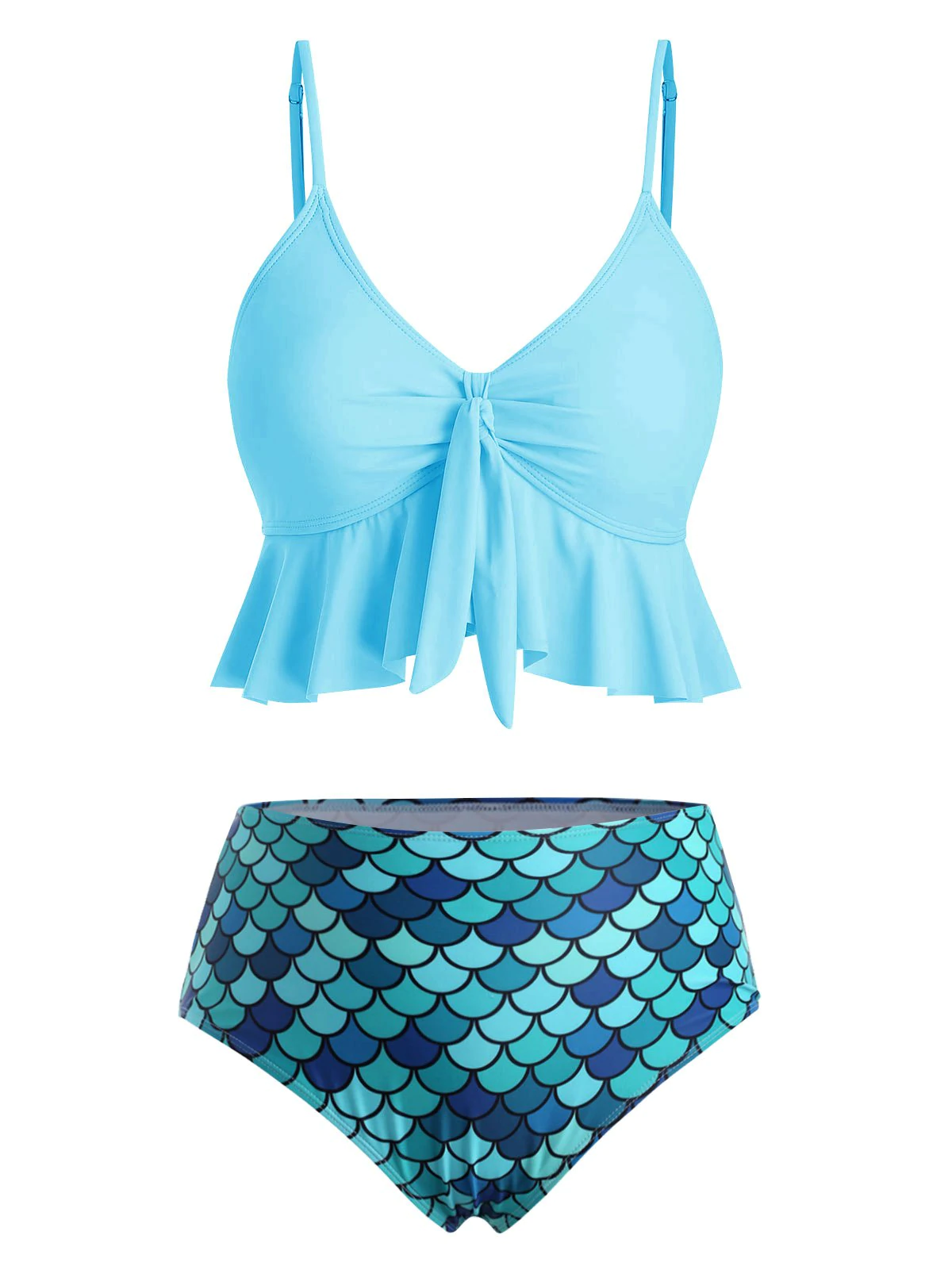 Flounce Knot Scale Print Mermaid Tankini Swimsuit