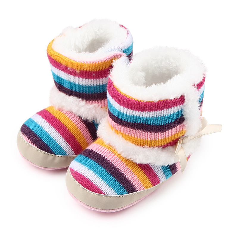 Baby / Toddler Rainbow Striped Knitted Fluff Bowknot Prewalker Shoes