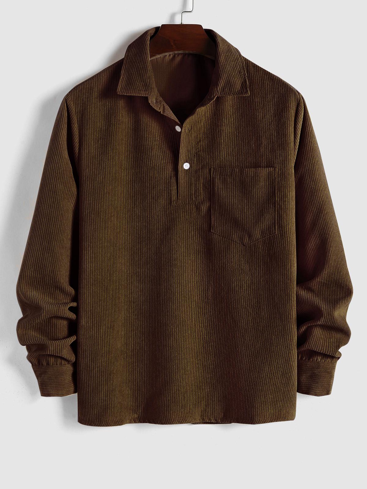 ZAFUL Men's ZAFUL Solid Color Half Button Pocket Corduroy Long Sleeves Collared Shirt S Coffee