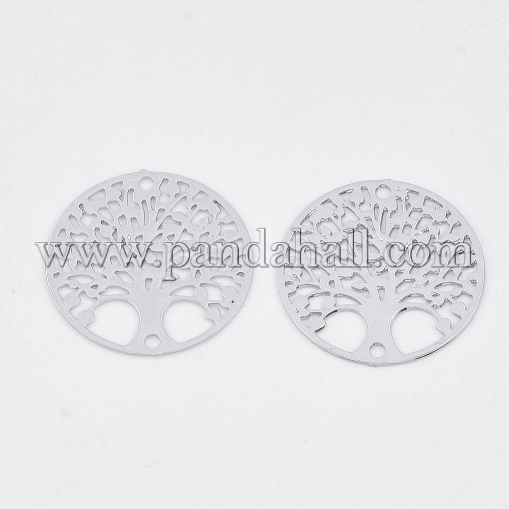 Brass Links/Connectors, Etched Metal Embellishments, Long-Lasting Plated, Flat Round with Tree of Life, Platinum, 16x0.3mm, Hole: 1mm
