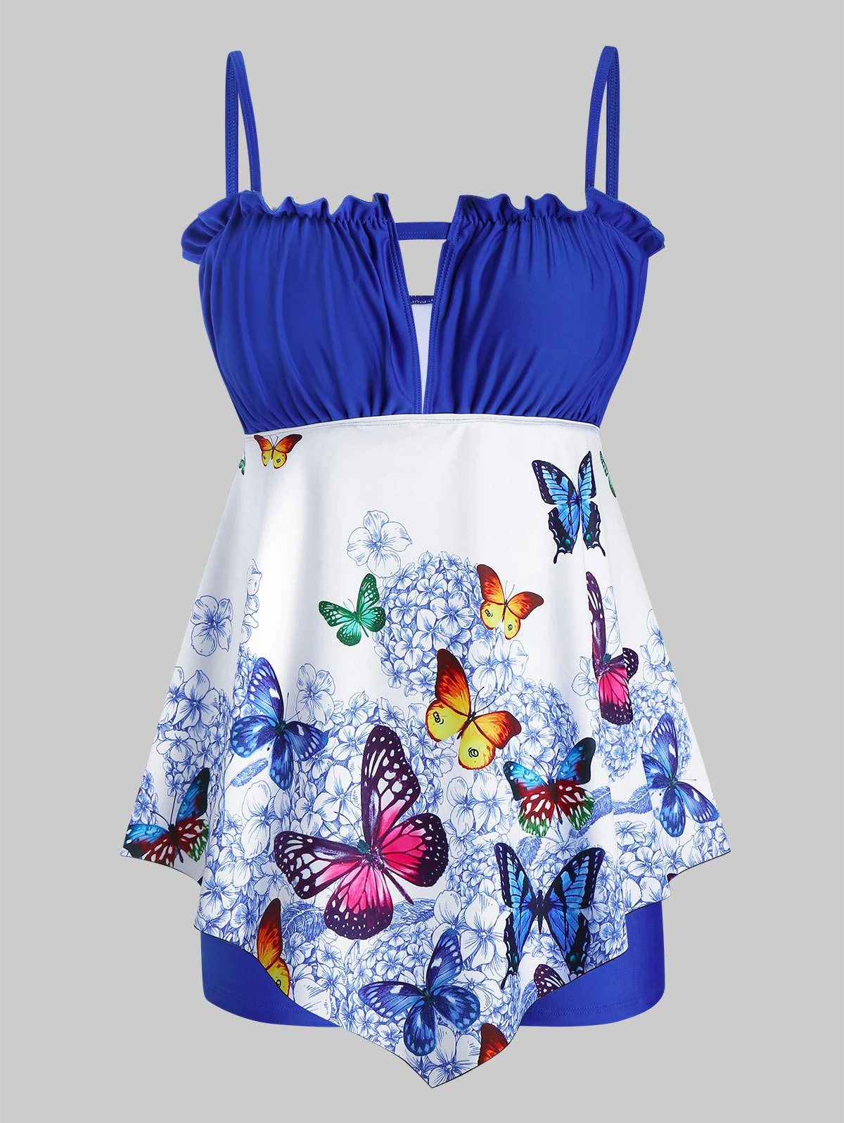 Plus Size Butterfly Print Keyhole Ruffled Trim Tankini Swimwear