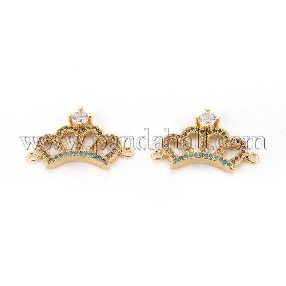 Brass Links, with Micro Pave Cubic Zirconia, Crown, Colorful, Golden, 26x17x4mm, Hole: 1.5mm
