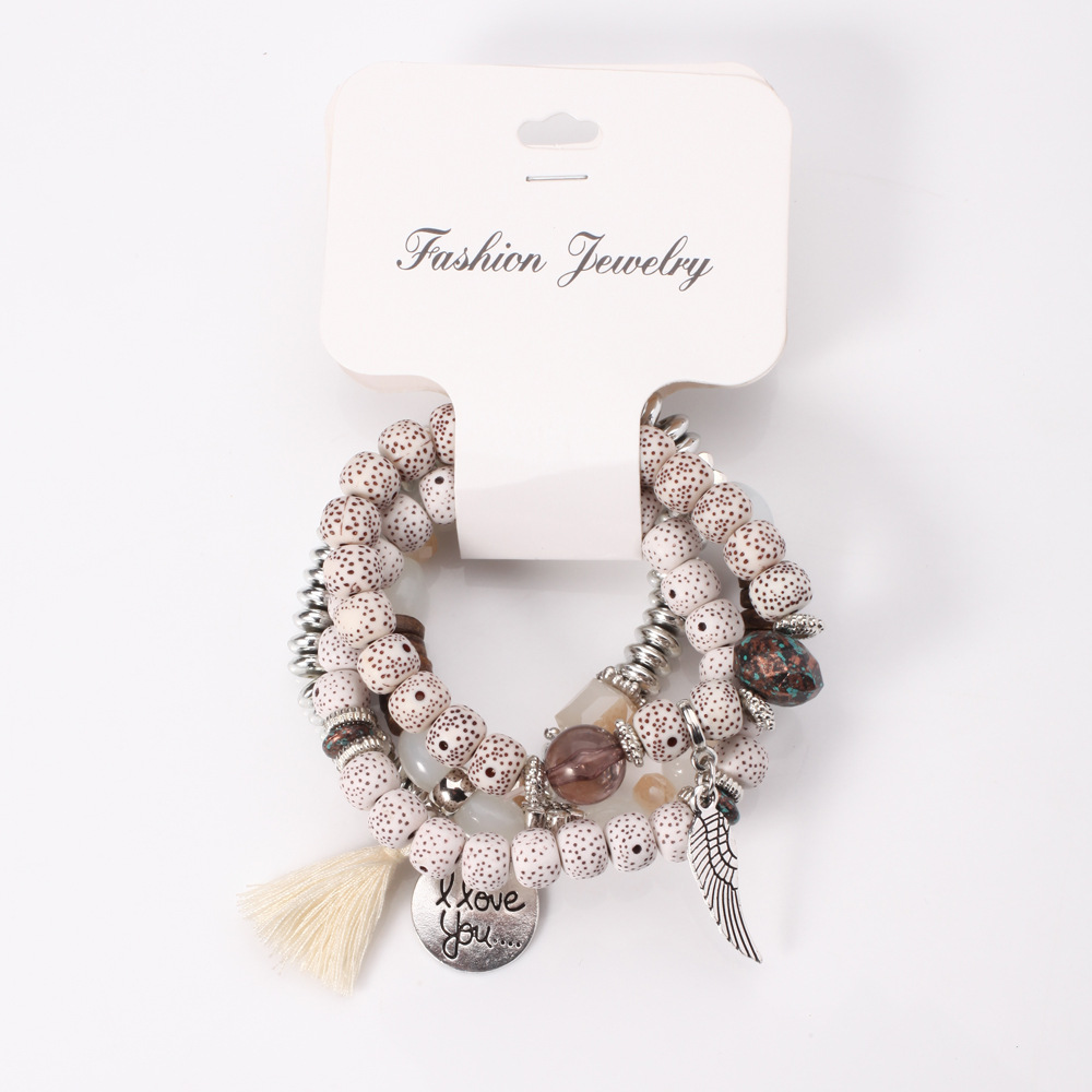 Bohemian Stackable Beads Bracelets for Women Girls Boho Multilayer Stretch Wood Beads Charm Tassel Bangles