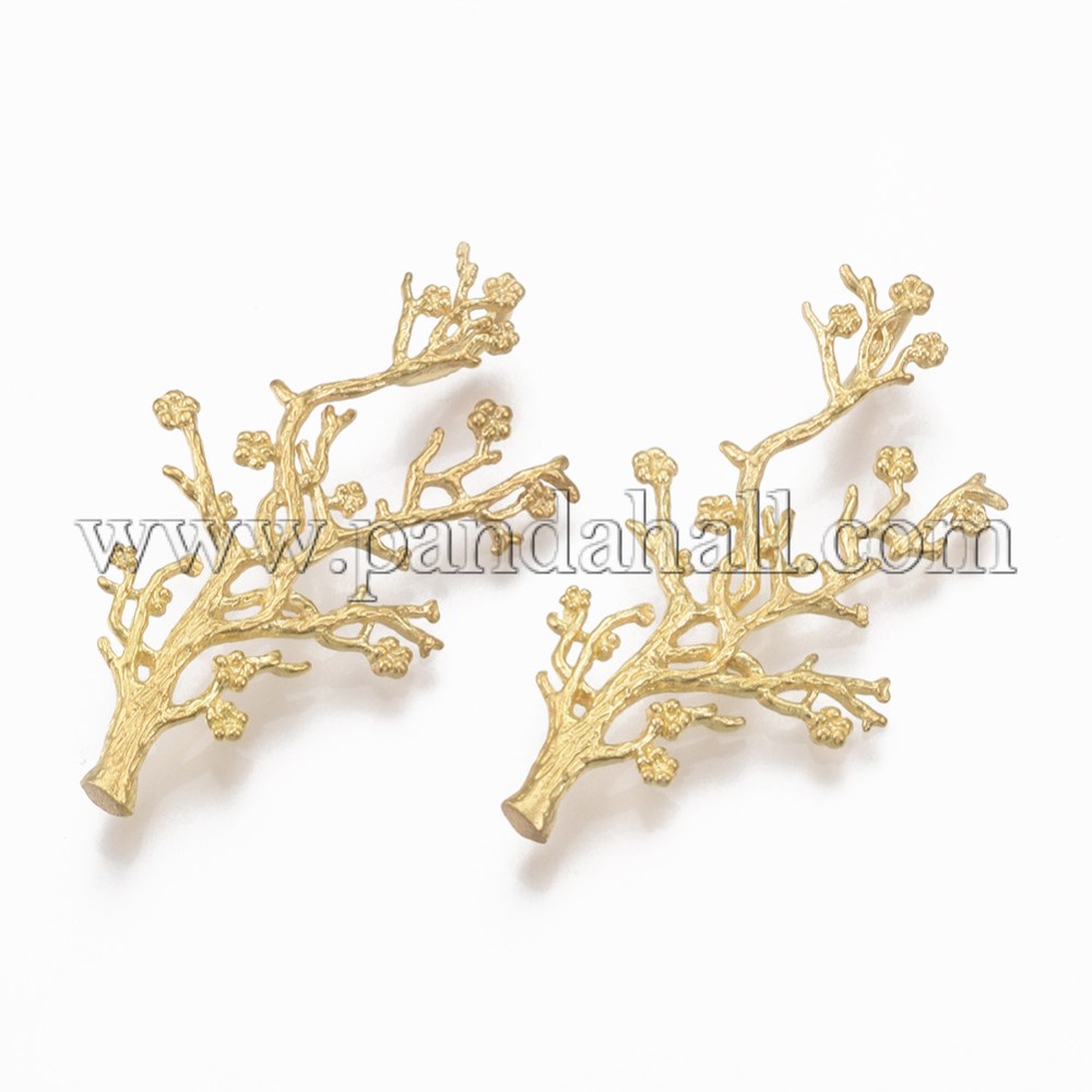 Brass Links/Connectors, Nickel Free, Branch with Plum Blossom, Unplated, 38.5x20.5x5.5mm, Hole: 5x2.5~1.5mm