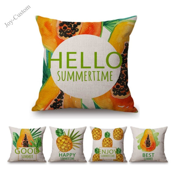 18" tropical plant leaf papaya pineapple design summer time home decorative pillow cover nordic cotton linen sofa cushion cover