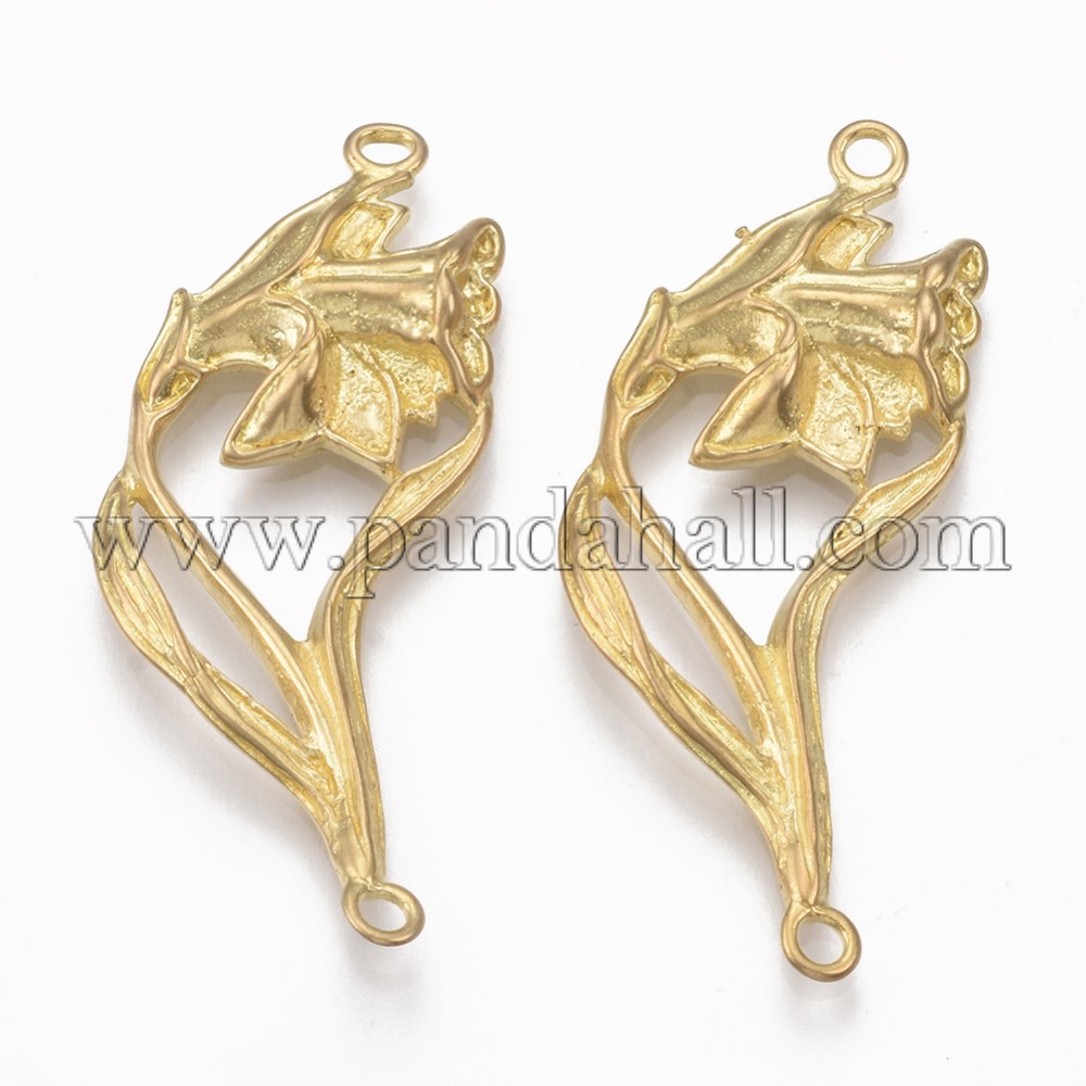Brass Links/Connectors, Nickel Free, Flower, Unplated, 36x16x3mm, Hole: 1.5mm