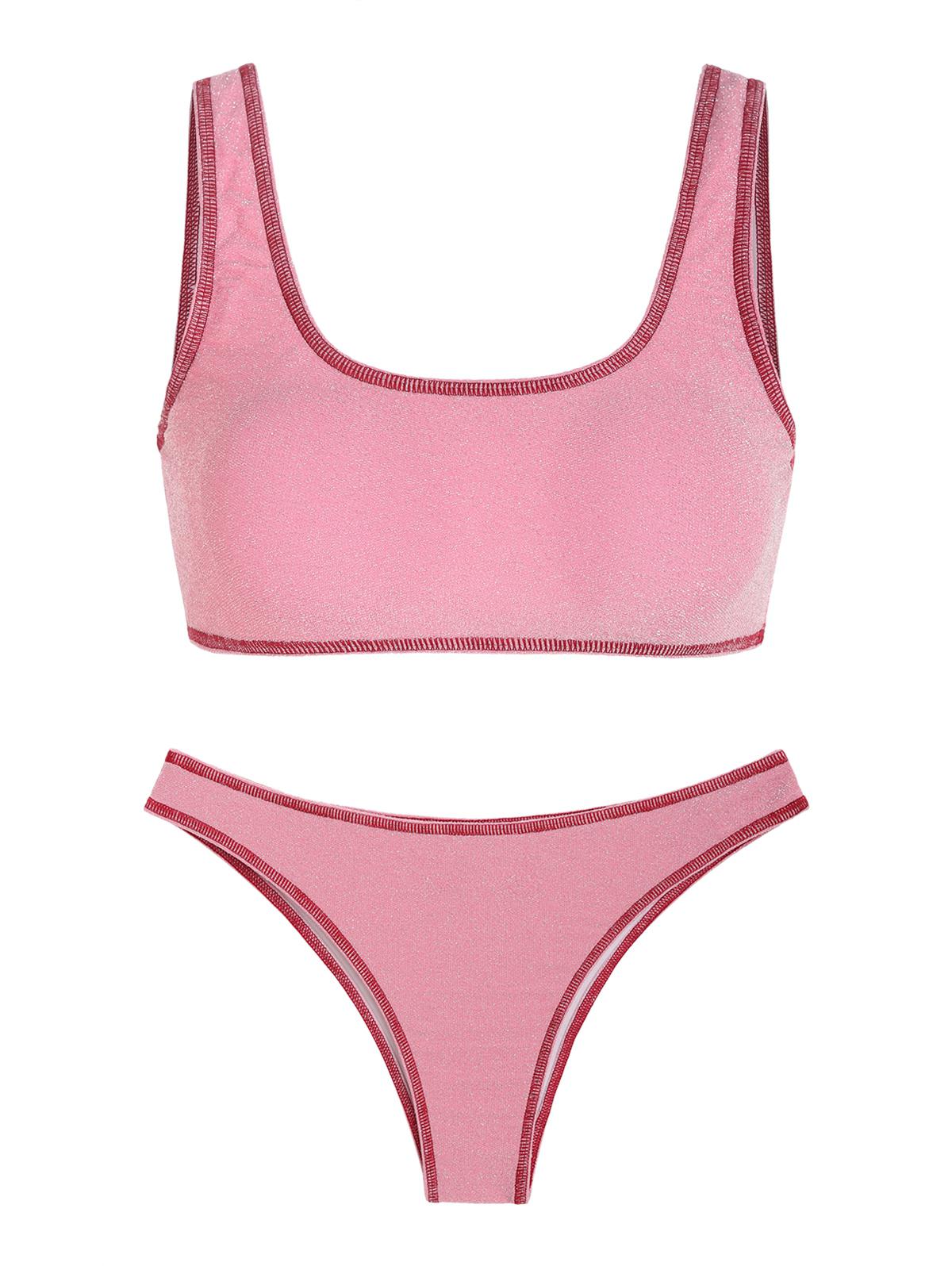 ZAFUL Contrast Stitching Sporty Metallic Glitter Sparkle Tank-style Bikini Swimwear Light pink