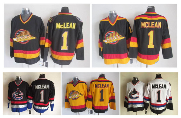 men retro vancouver canucks ice hockey jerseys #1 kirk mclean vintage ccm authentic stitched jerseys mix order