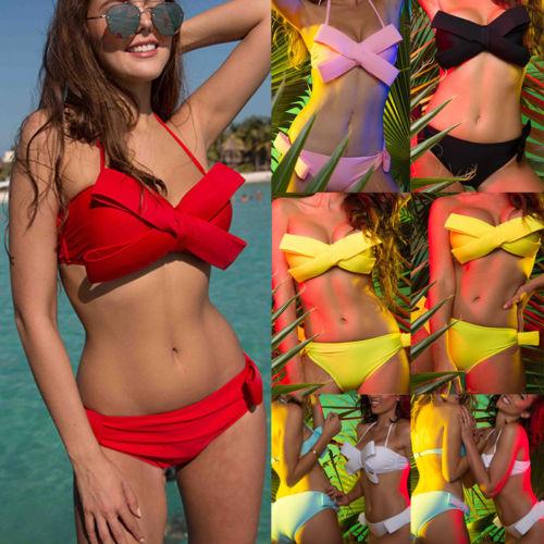 New Women Bow Knot Swimwear Solid color Bikini Set Halter Bandage Swimsuit Push-up Padded Bra Bathing Suit Low Waist Beachwear