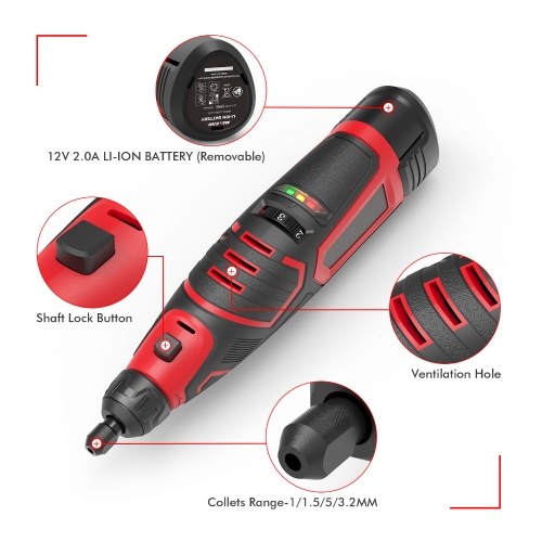 Outil rotatif 12V sans fil Multi-outil à 6 vitesse variable 5000-25000RPM 2.00Ah Broyeur électrique de batterie 74 Accessoires pour couper le sable Percage de gravure Nettoyage Aiguillage de bricolage