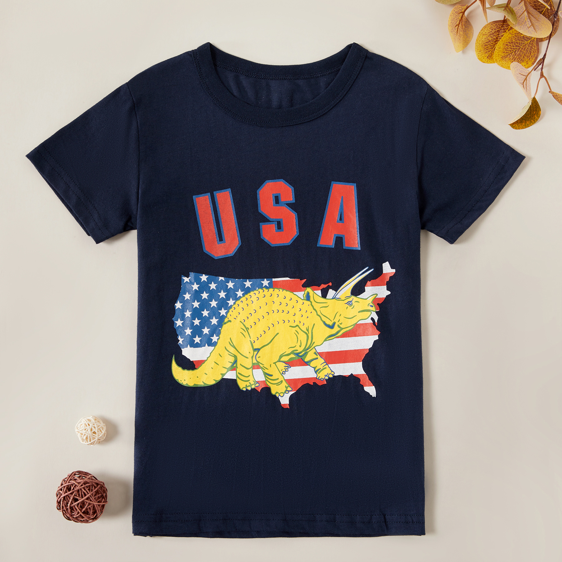 Trendy Independence Day US Flag Triceratops Print Tee