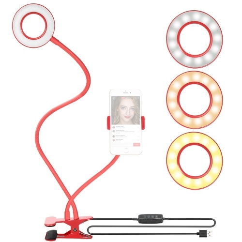 Controllable Selfie Ring Light with Clamp Cell Phone Holder for Live Stream Video Chat  Flexible Long Arms Lazy Bracket for Easy Watching (Red)