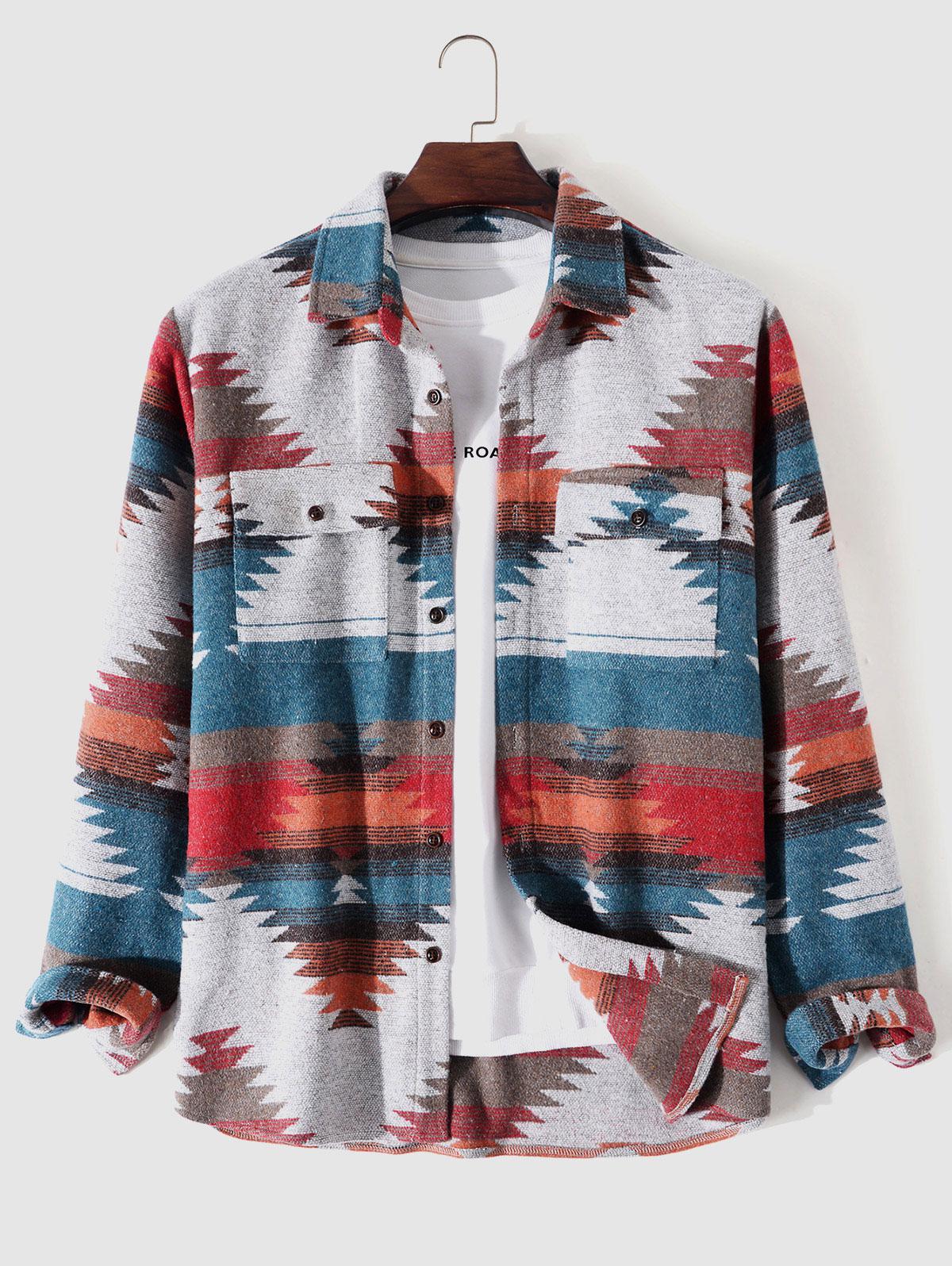 ZAFUL Men's Tribal Geometric Ethnic Aztec Printed Blend Wool Jacket Xl Gray