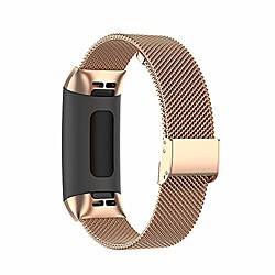 Edelstahlgewebe für Fitbit Charge 3 und Charge 4, sicherer, einstellbarer Fitbit-Uhrenarmbandersatz für die meisten Handgelenke schweißresistentes Zubehör (Roségold, s)