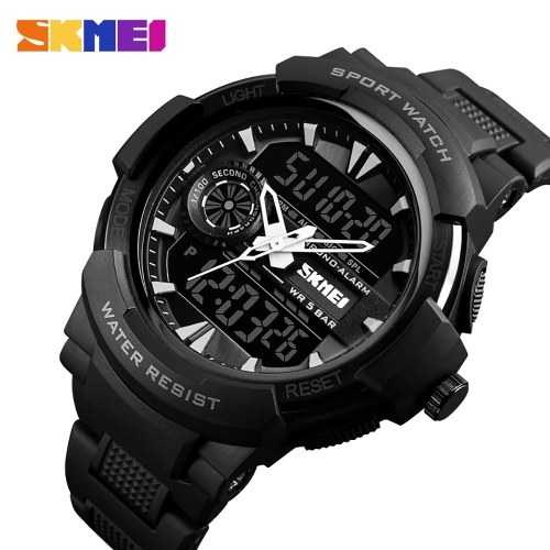 SKMEI 1320 Men Quartz Fashion Casual Sports Wristwatch Dual Time Analog Digital Display Watch 5ATM Water Resistant Leather Strap Backlight Multifunctional Watches
