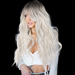 Ombre Platinum Blonde Long Wavy Wigs with Bangs for Women Long Curly Synthetic Hair Natural Looking Heat Resistant for Daily Party Use 26 Inches barbiecore Wigs Lightinthebox
