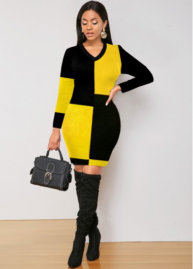 Color Block V Neck Long Sleeve Sweater Dress