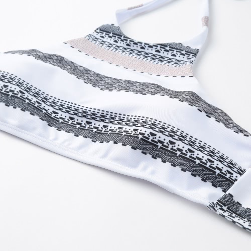 New Sexy Women Bikini Set Halter Geometric Print Wireless Padded Two Piece Bathing Suit Swimsuits White