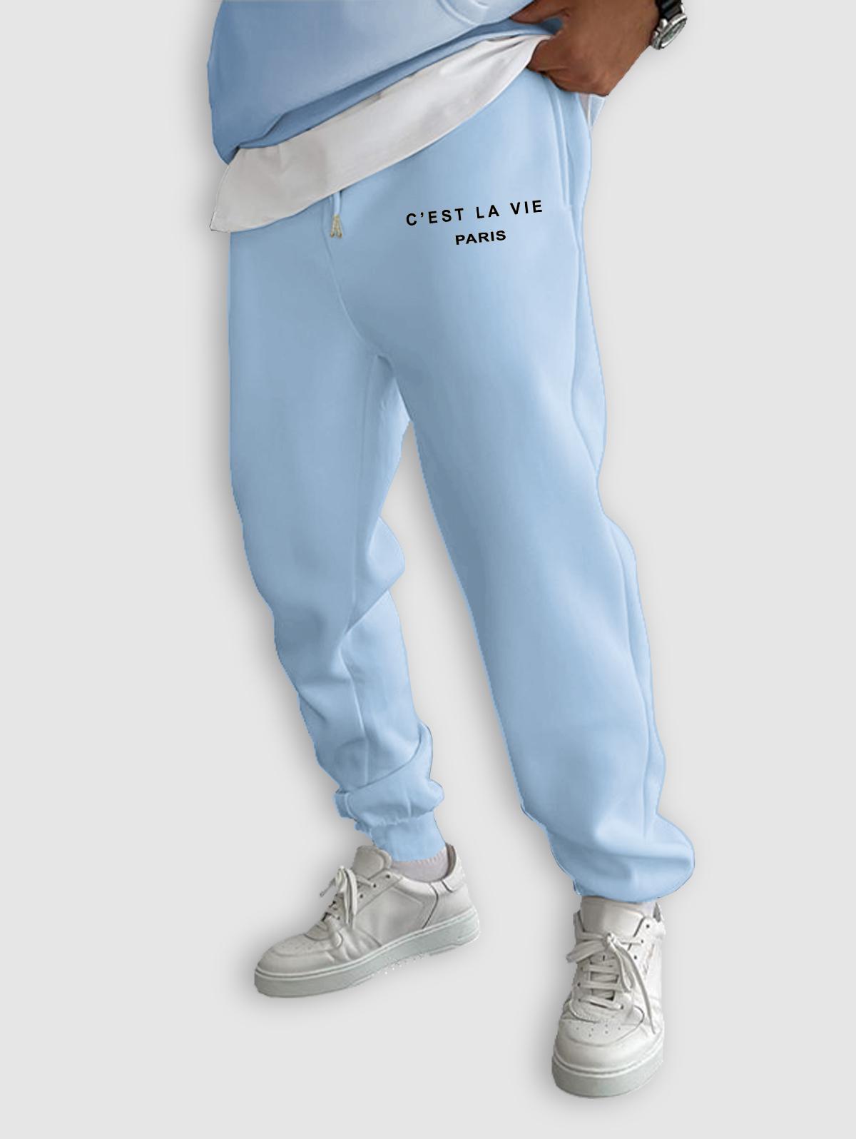 ZAFUL Men's C'EST LA VIE PARIS Letter Printed Drawstring Fleece-lined Sports Jogger Pants L Light blue