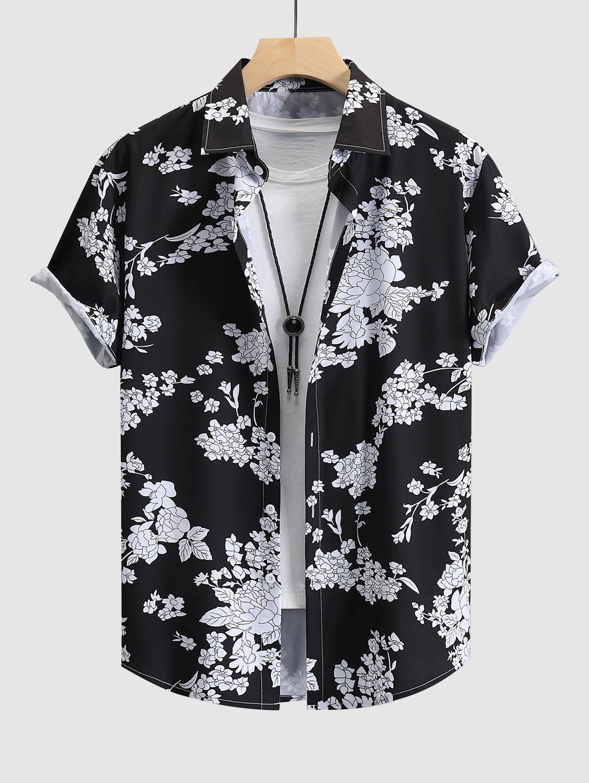 ZAFUL Men's Floral Button Up Short Sleeve Shirt M Black
