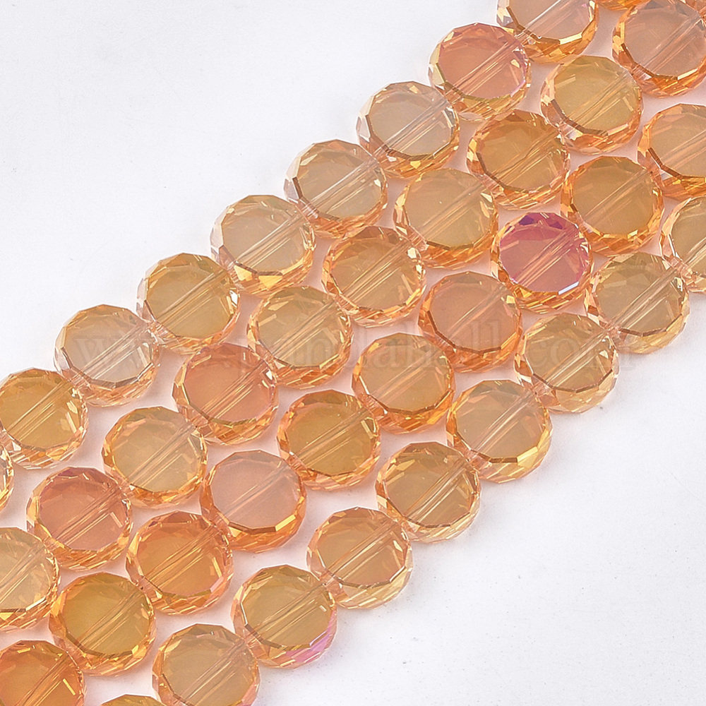 Electroplate Glass Beads Strands, Faceted, Flat Round, Orange, 10x4.5~5mm, Hole: 1mm; about 60pcs/strand, 23.4''