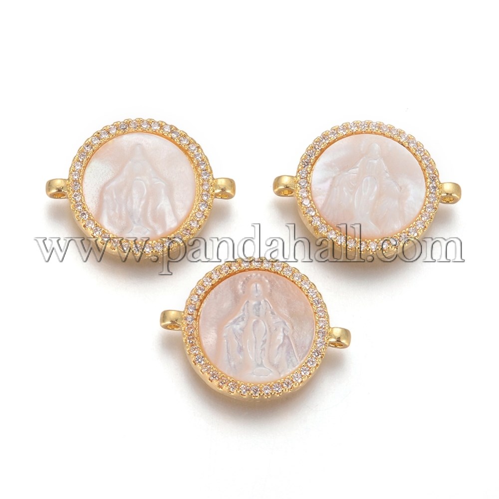 Brass Micro Pave Cubic Zirconia Links/Connectors, with Shell, Flat Round with Virgin Mary, Clear, Golden, 15x20x4mm, Hole: 1.2mm