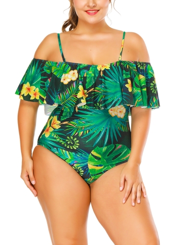 Sexy Women Floral Print Strappy Swimsuit One Piece Ruffle Trim Padding Swimwear Bathing Suit Beachwear Monokini
